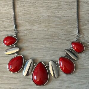 Color Red Stone Silver Tone Necklace & Teardrop Earrings Fashion Jewelry NWT‎